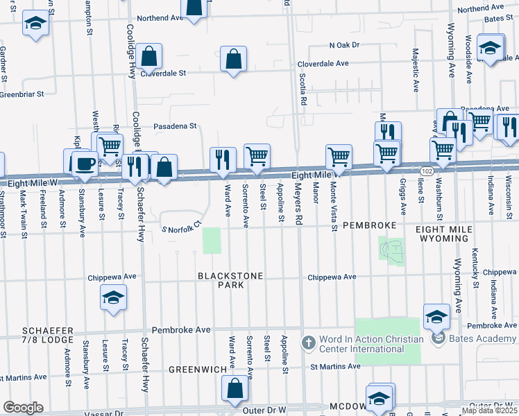 map of restaurants, bars, coffee shops, grocery stores, and more near 20459 Steel Street in Detroit