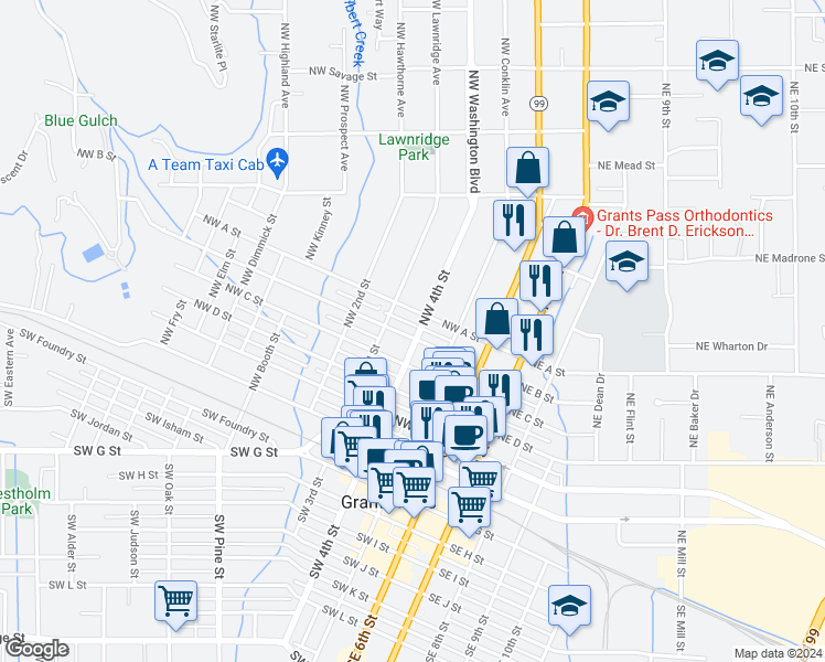 map of restaurants, bars, coffee shops, grocery stores, and more near 604 Northwest 4th Street in Grants Pass