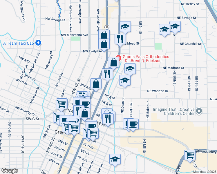 map of restaurants, bars, coffee shops, grocery stores, and more near 729 Northeast 7th Street in Grants Pass