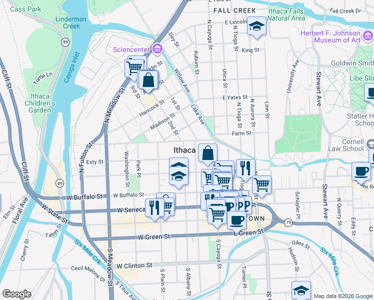 map of restaurants, bars, coffee shops, grocery stores, and more near 511 North Albany Street in Ithaca