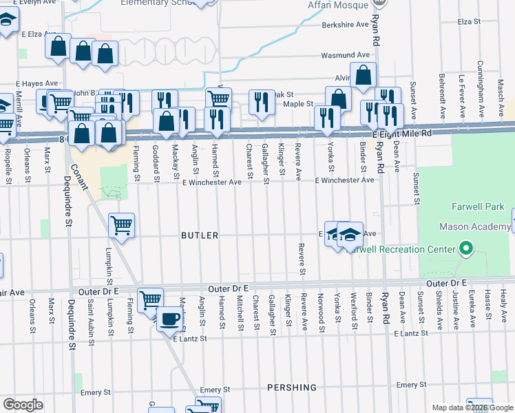 map of restaurants, bars, coffee shops, grocery stores, and more near 20190 Charest Street in Detroit