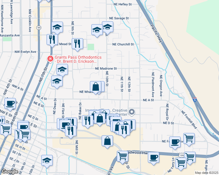 map of restaurants, bars, coffee shops, grocery stores, and more near 811 Northeast 10th Street in Grants Pass