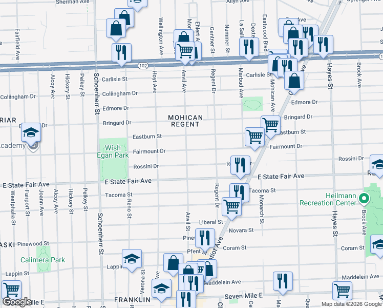 map of restaurants, bars, coffee shops, grocery stores, and more near 14150 Fairmount Drive in Detroit