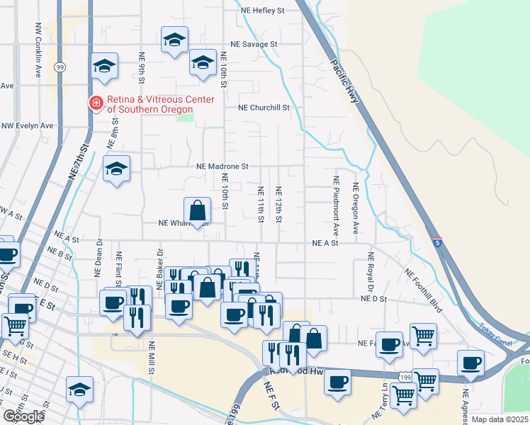 map of restaurants, bars, coffee shops, grocery stores, and more near 735 Northeast 11th Street in Grants Pass
