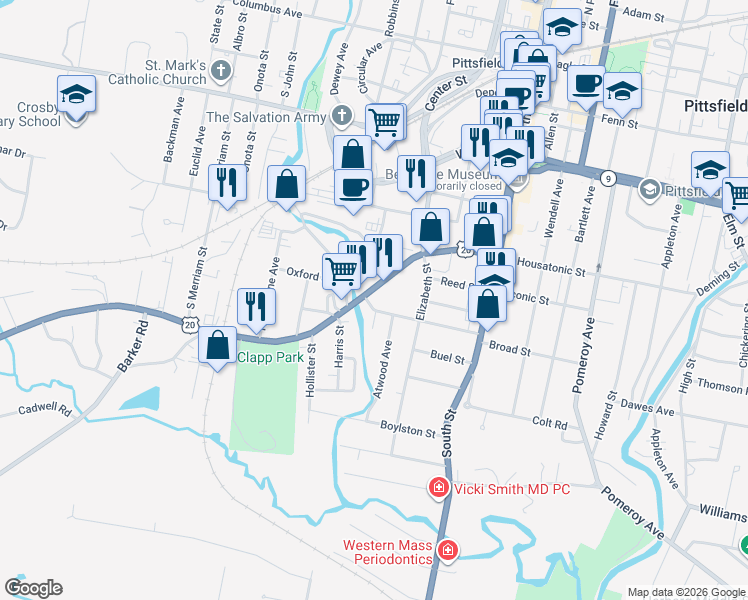 map of restaurants, bars, coffee shops, grocery stores, and more near 111 West Housatonic Street in Pittsfield