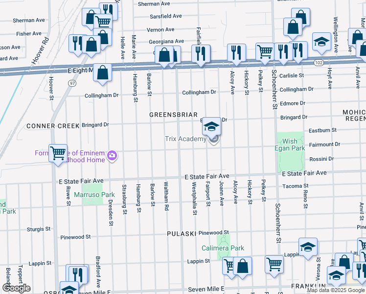 map of restaurants, bars, coffee shops, grocery stores, and more near 20000 Goulburn Avenue in Detroit
