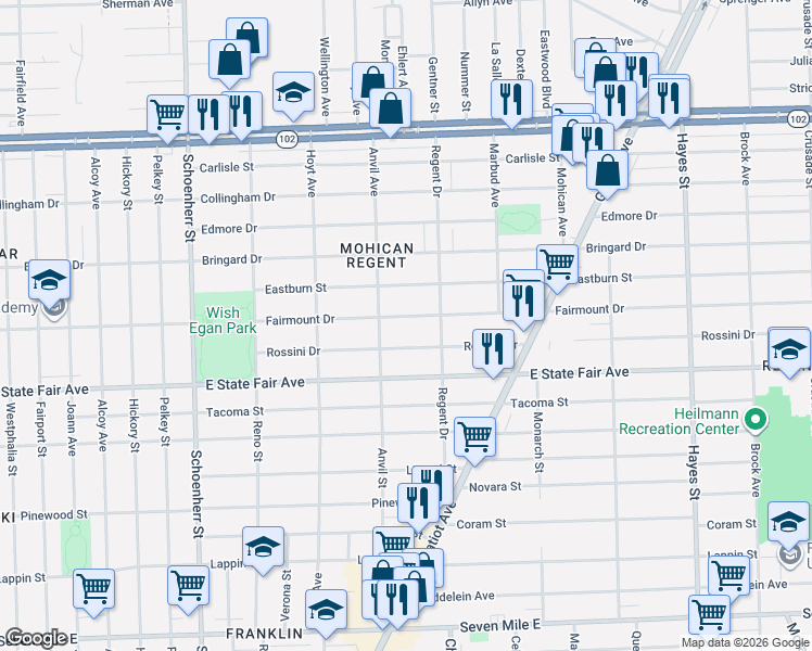 map of restaurants, bars, coffee shops, grocery stores, and more near 14150 Fairmount Drive in Detroit