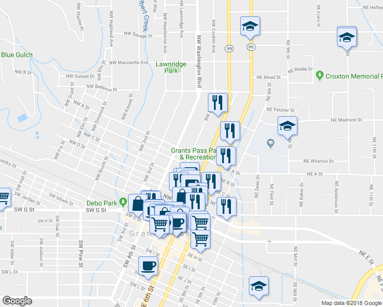 map of restaurants, bars, coffee shops, grocery stores, and more near 201 Northwest A Street in Grants Pass