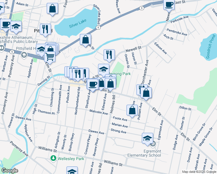 map of restaurants, bars, coffee shops, grocery stores, and more near 12 Meadow Lane in Pittsfield