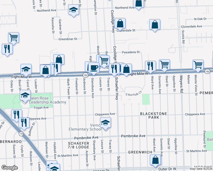 map of restaurants, bars, coffee shops, grocery stores, and more near 20475 Tracey Street in Detroit