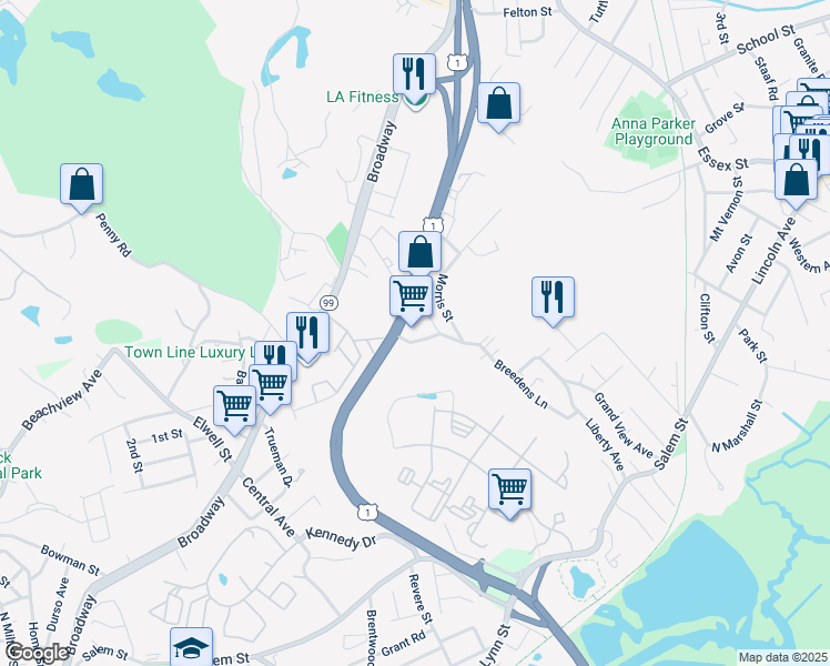 map of restaurants, bars, coffee shops, grocery stores, and more near 325 Bennett Highway in Revere