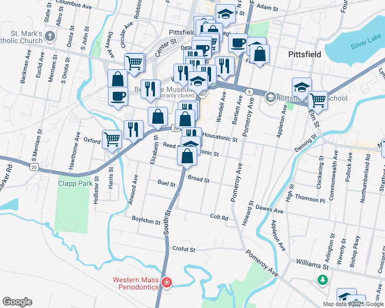 map of restaurants, bars, coffee shops, grocery stores, and more near 179 South Street in Pittsfield