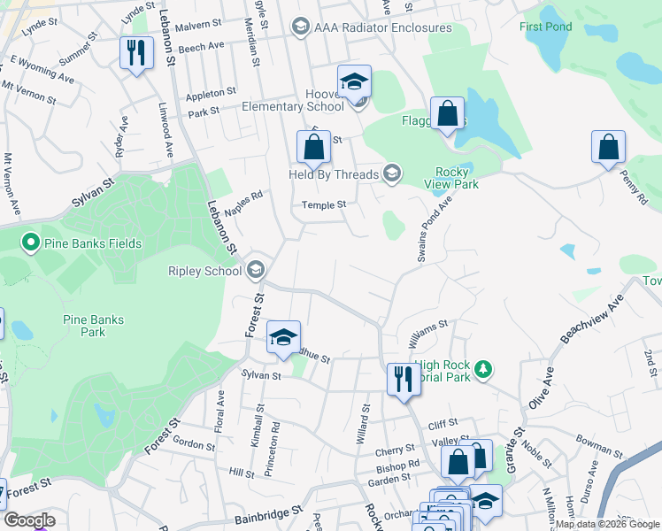 map of restaurants, bars, coffee shops, grocery stores, and more near 34 Bratley Street in Melrose