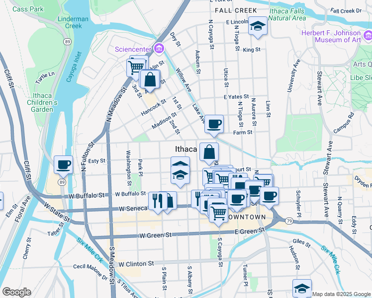 map of restaurants, bars, coffee shops, grocery stores, and more near in Ithaca