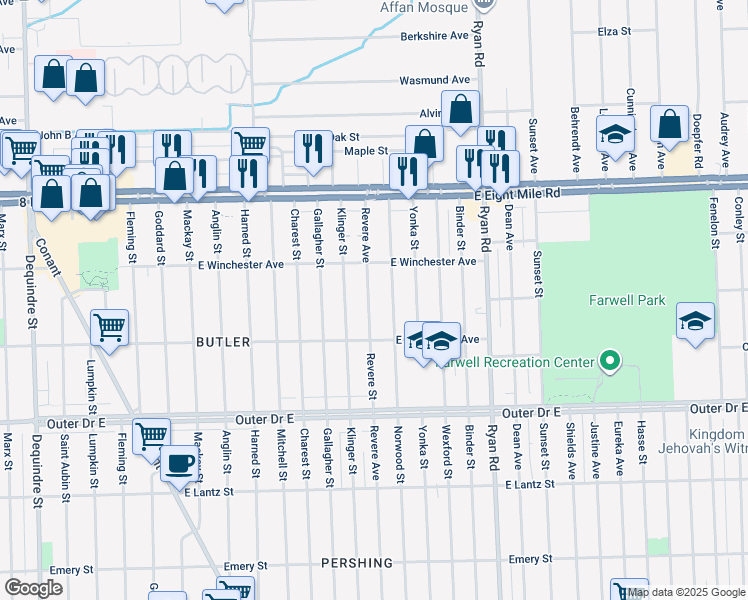 map of restaurants, bars, coffee shops, grocery stores, and more near 20188 Revere Street in Detroit