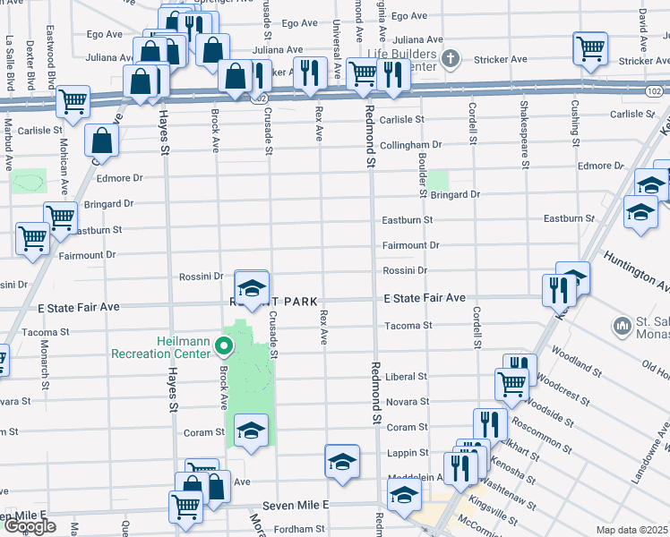map of restaurants, bars, coffee shops, grocery stores, and more near 15853 Rossini Drive in Detroit