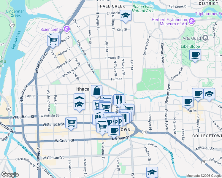 map of restaurants, bars, coffee shops, grocery stores, and more near 121 Cascadilla Avenue in Ithaca