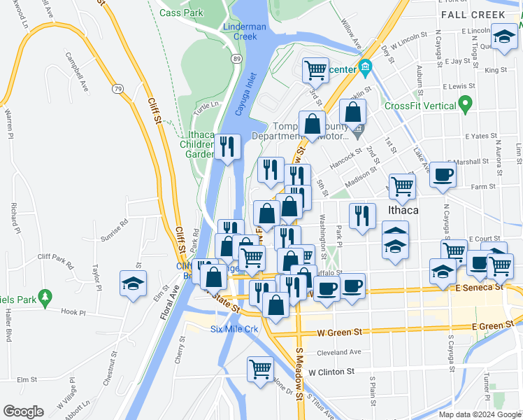 map of restaurants, bars, coffee shops, grocery stores, and more near 801 Cascadilla Street in Ithaca