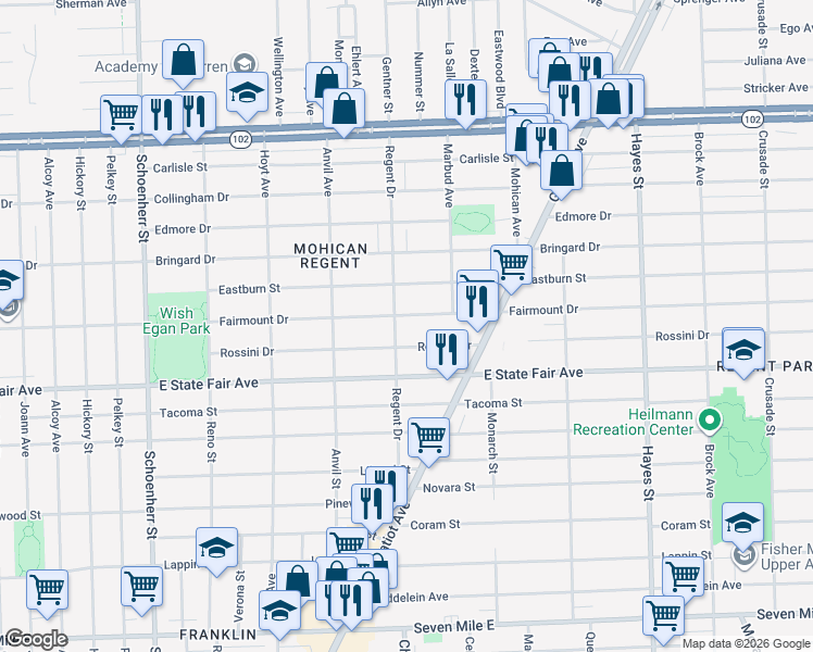 map of restaurants, bars, coffee shops, grocery stores, and more near 19984 Regent Drive in Detroit