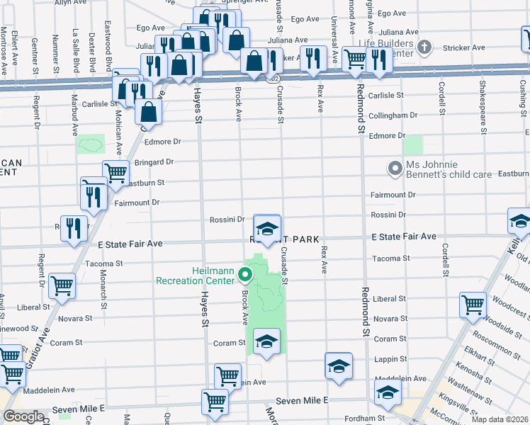 map of restaurants, bars, coffee shops, grocery stores, and more near 15461 Rossini Drive in Detroit