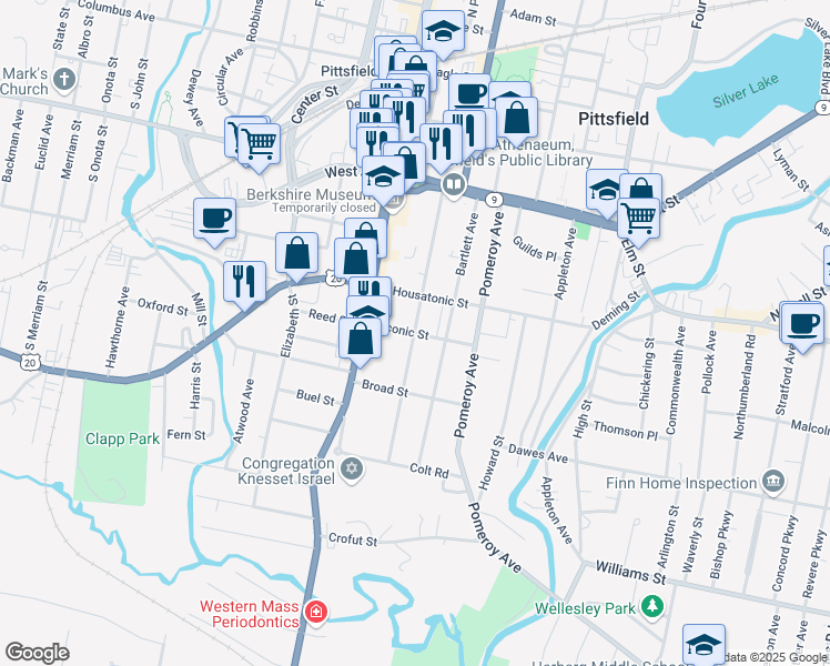 map of restaurants, bars, coffee shops, grocery stores, and more near Wendell Avenue in Pittsfield