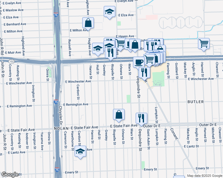 map of restaurants, bars, coffee shops, grocery stores, and more near 20206 Riopelle Street in Highland Park