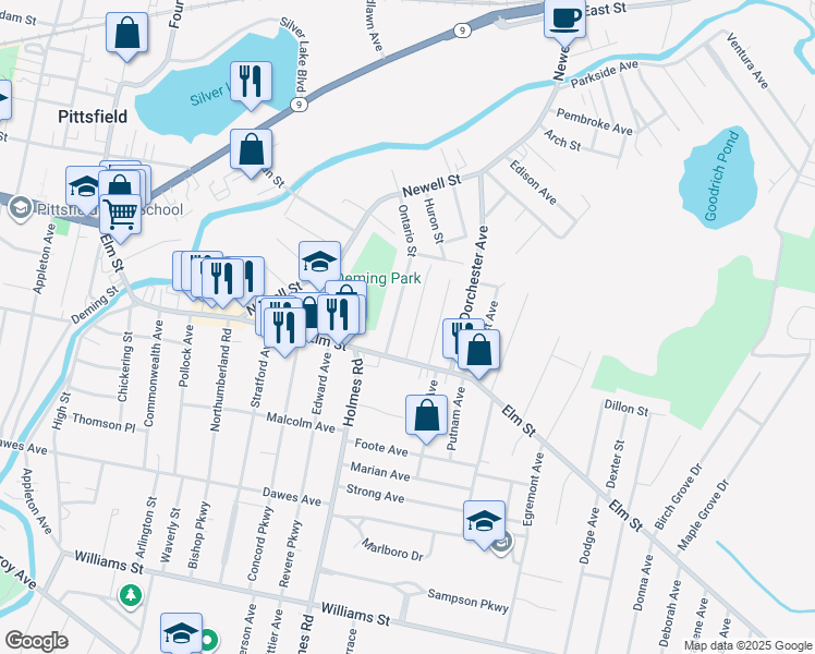 map of restaurants, bars, coffee shops, grocery stores, and more near 27 Reuter Ave in Pittsfield