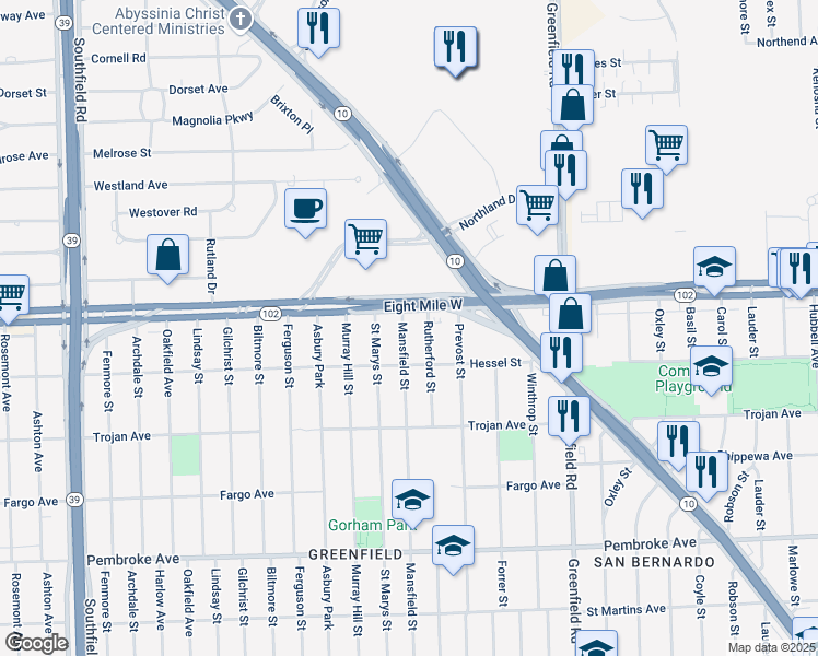 map of restaurants, bars, coffee shops, grocery stores, and more near 20574 Mansfield Street in Detroit