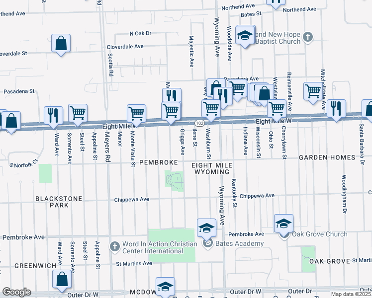 map of restaurants, bars, coffee shops, grocery stores, and more near 20450 Griggs Street in Detroit
