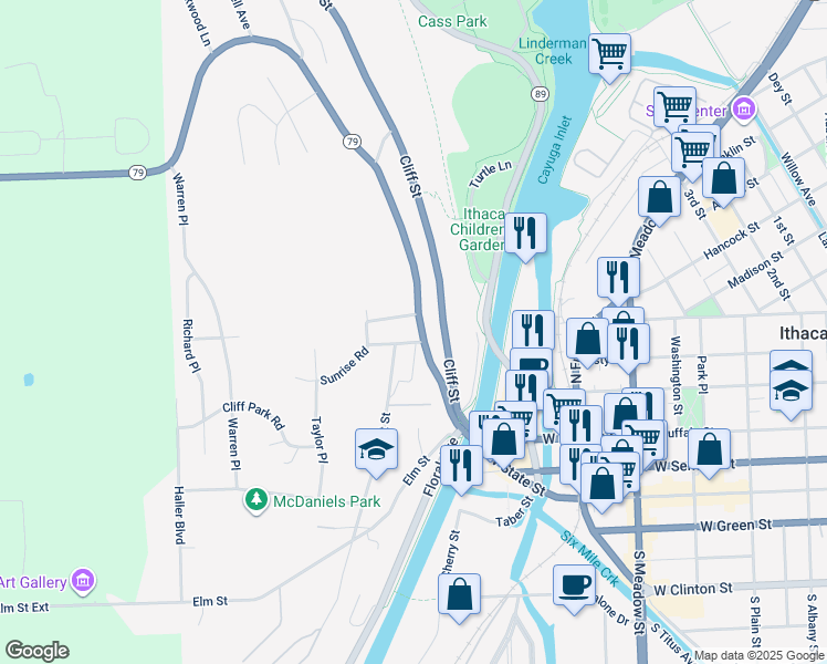 map of restaurants, bars, coffee shops, grocery stores, and more near 304 Hector Street in Ithaca
