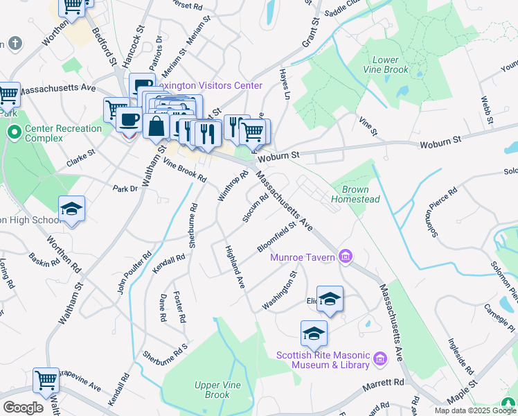 map of restaurants, bars, coffee shops, grocery stores, and more near 14 Slocum Road in Lexington