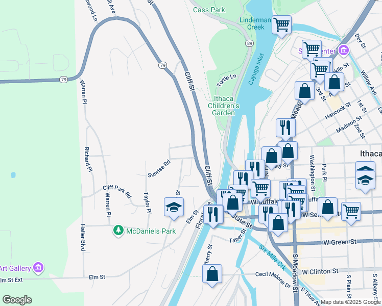 map of restaurants, bars, coffee shops, grocery stores, and more near 304 Hector Street in Ithaca
