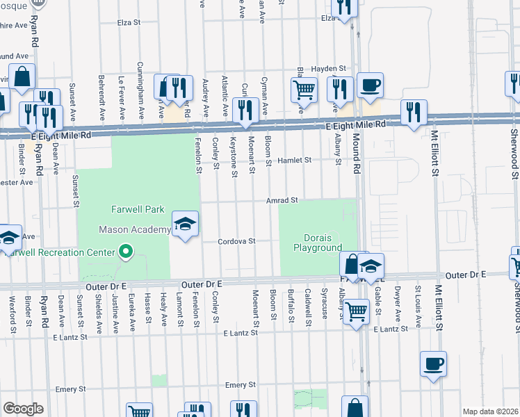 map of restaurants, bars, coffee shops, grocery stores, and more near 20100 Moenart Street in Detroit