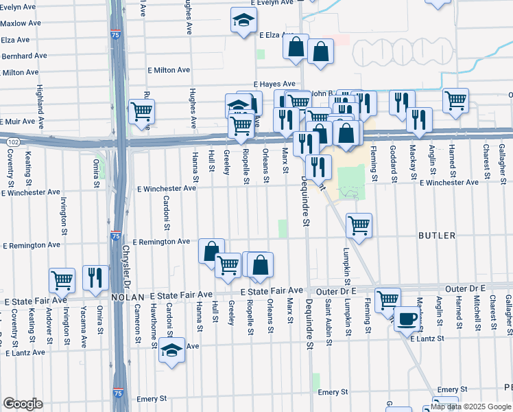 map of restaurants, bars, coffee shops, grocery stores, and more near 20206 Riopelle Street in Highland Park