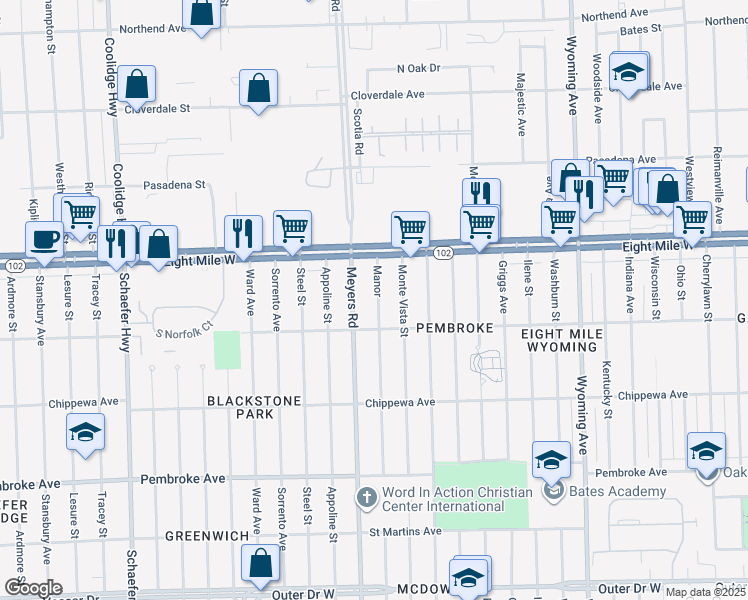 map of restaurants, bars, coffee shops, grocery stores, and more near 20461 Manor Street in Detroit