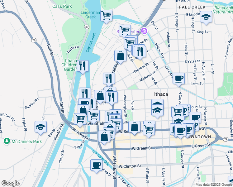map of restaurants, bars, coffee shops, grocery stores, and more near 607 Cascadilla Street in Ithaca
