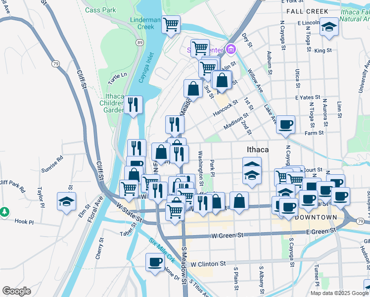 map of restaurants, bars, coffee shops, grocery stores, and more near 607 Cascadilla Street in Ithaca
