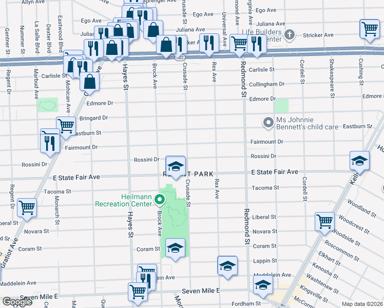 map of restaurants, bars, coffee shops, grocery stores, and more near 15611 Rossini Drive in Detroit