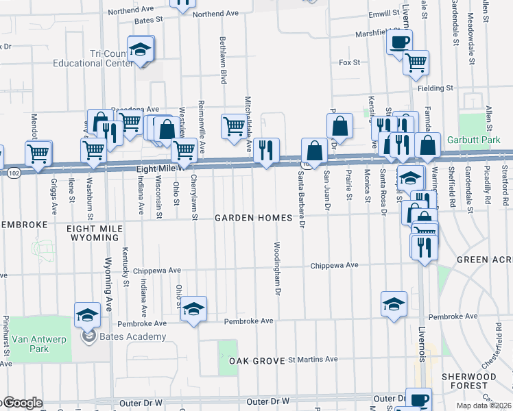 map of restaurants, bars, coffee shops, grocery stores, and more near in Detroit
