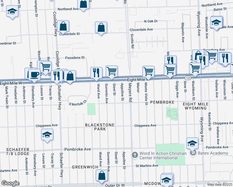 map of restaurants, bars, coffee shops, grocery stores, and more near 20459 Steel Street in Detroit