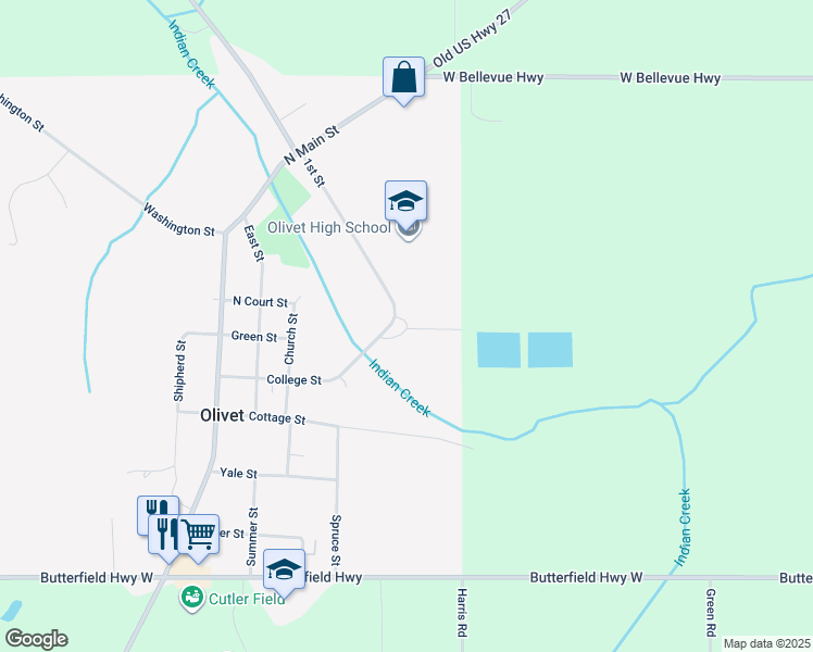map of restaurants, bars, coffee shops, grocery stores, and more near 261-299 1st St in Olivet
