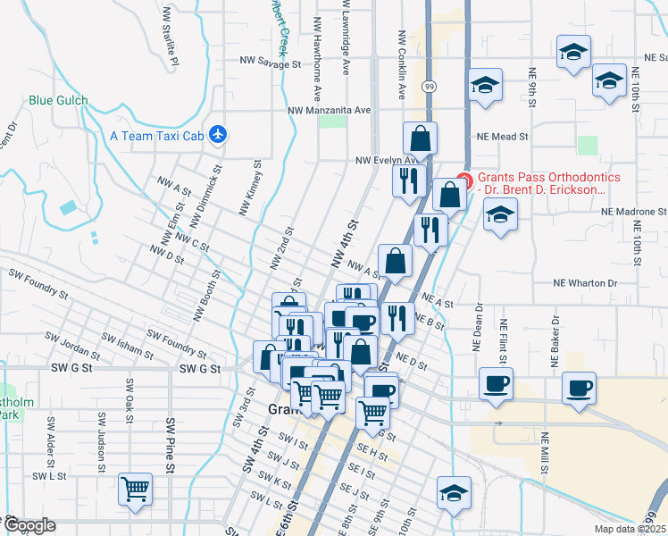 map of restaurants, bars, coffee shops, grocery stores, and more near Northwest 4th Street in Grants Pass