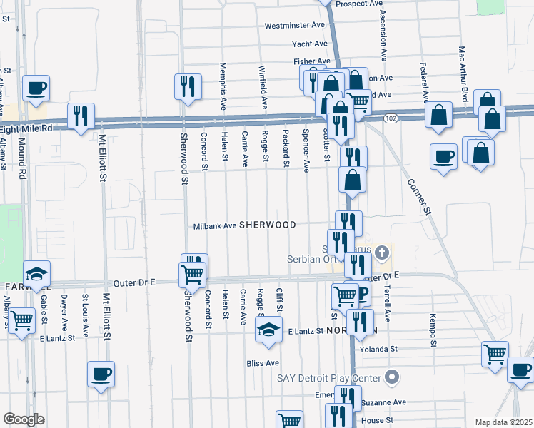 map of restaurants, bars, coffee shops, grocery stores, and more near 20129 Rogge St in Detroit