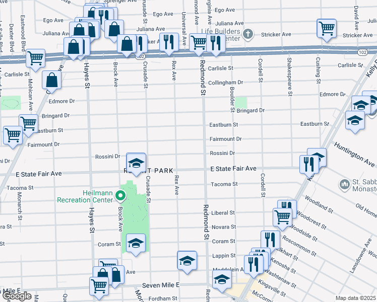 map of restaurants, bars, coffee shops, grocery stores, and more near 15853 Rossini Drive in Detroit