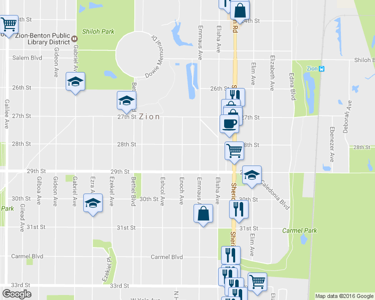 map of restaurants, bars, coffee shops, grocery stores, and more near 2803 Enoch Ave in Zion