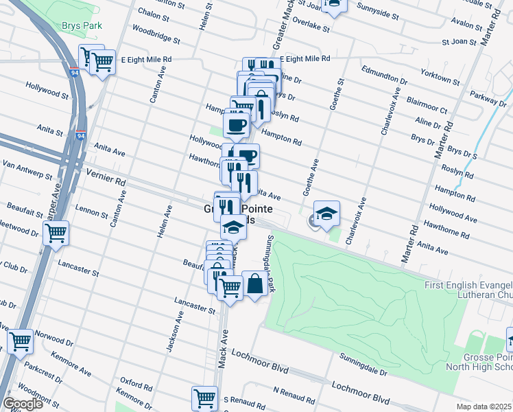 map of restaurants, bars, coffee shops, grocery stores, and more near 1850 Vernier Road in Grosse Pointe Woods