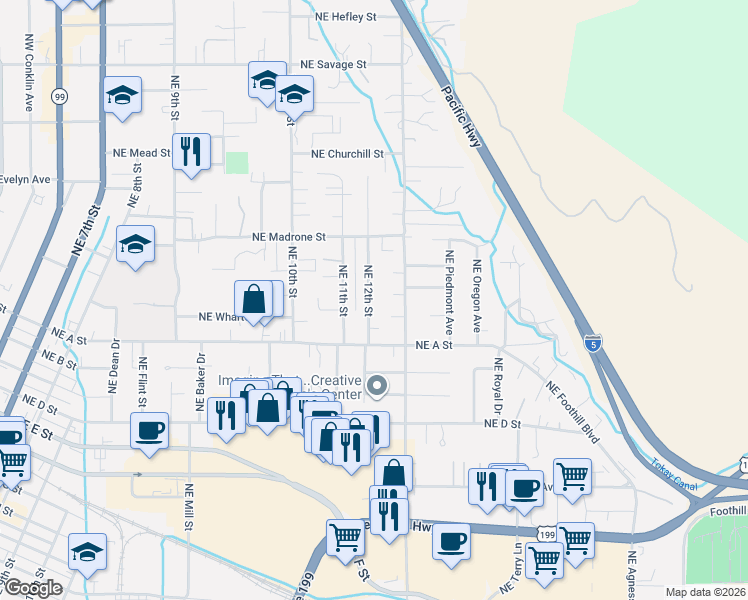 map of restaurants, bars, coffee shops, grocery stores, and more near 743 Northeast 12th Street in Grants Pass