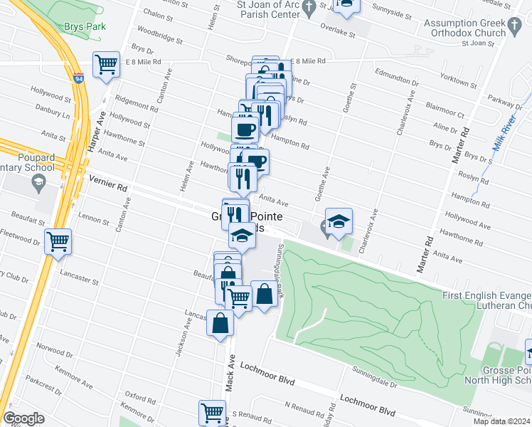 map of restaurants, bars, coffee shops, grocery stores, and more near 1850 Vernier Road in Grosse Pointe Woods