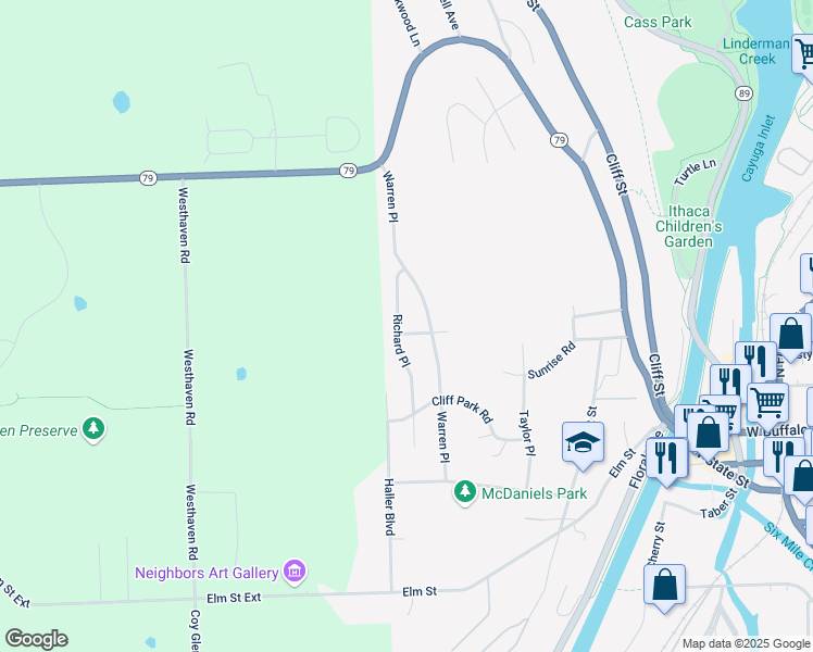 map of restaurants, bars, coffee shops, grocery stores, and more near 401 Richard Place in Ithaca