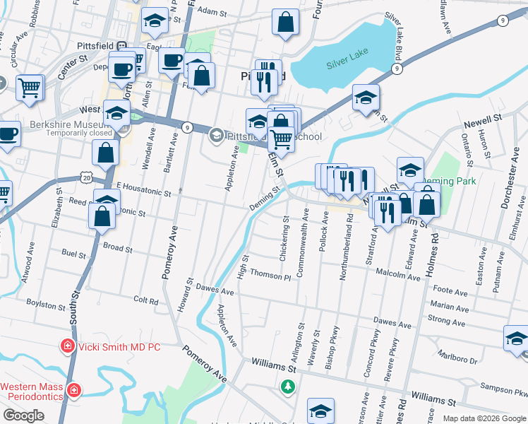 map of restaurants, bars, coffee shops, grocery stores, and more near 1 Massachusetts Avenue in Pittsfield